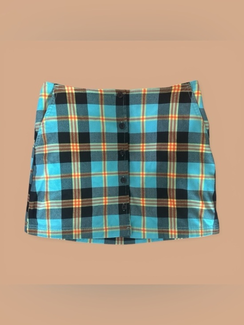 Obey Teal and Black Plaid Button-Front Mini Skirt Academia Grunge Size 26 Womens